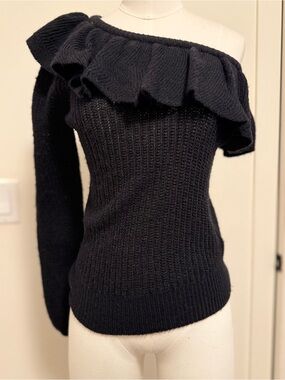 Rebecca Taylor Black One-Shoulder Ruffle Knit Sweater